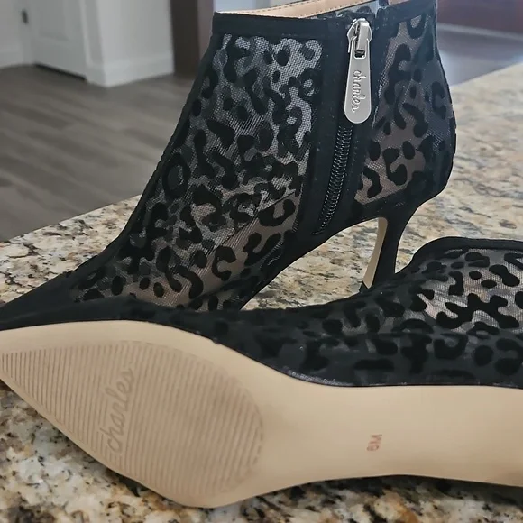 Charles By Charles David Black Leopard Mesh Pointed-Toe Kitten Heel Booties - Picture 3 of 4